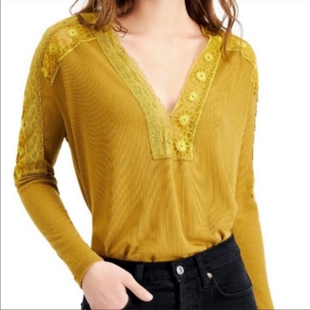 NWT: Free People Lola Lace Trim V-Neck Top Medium Relaxed Tee Yellow Green